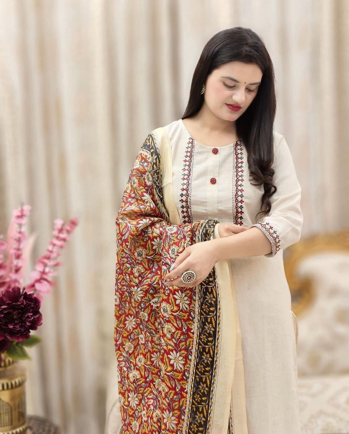 🌿 Ethnic Grace Khadi Cotton Kurti Pant Dupatta Set | Traditional Bhagalpuri Print | Sizes S-3XL 🌸