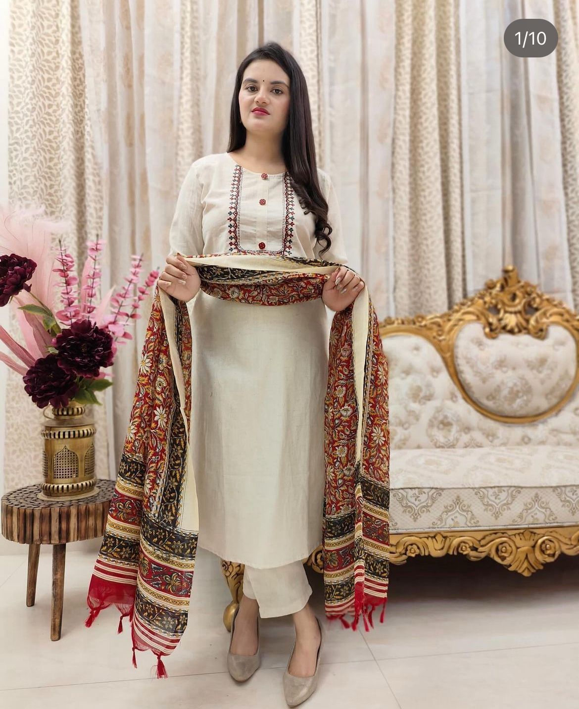 🌿 Ethnic Grace Khadi Cotton Kurti Pant Dupatta Set | Traditional Bhagalpuri Print | Sizes S-3XL 🌸