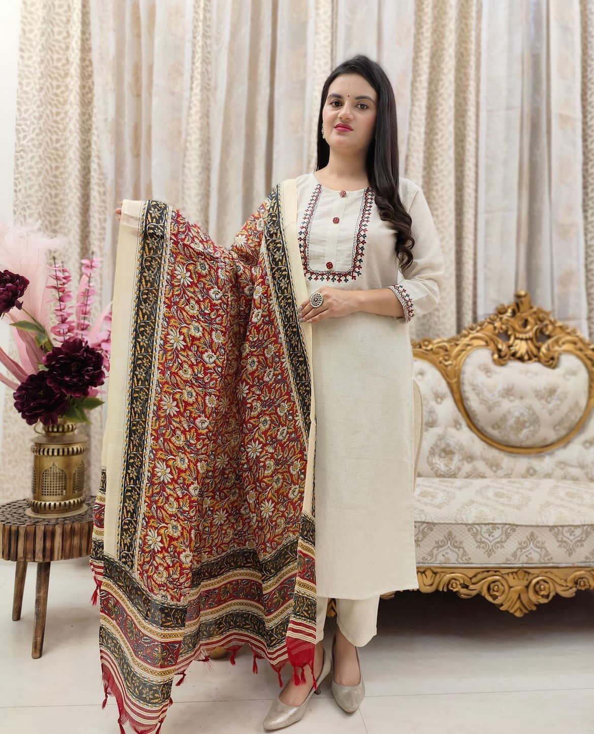 🌿 Ethnic Grace Khadi Cotton Kurti Pant Dupatta Set | Traditional Bhagalpuri Print | Sizes S-3XL 🌸