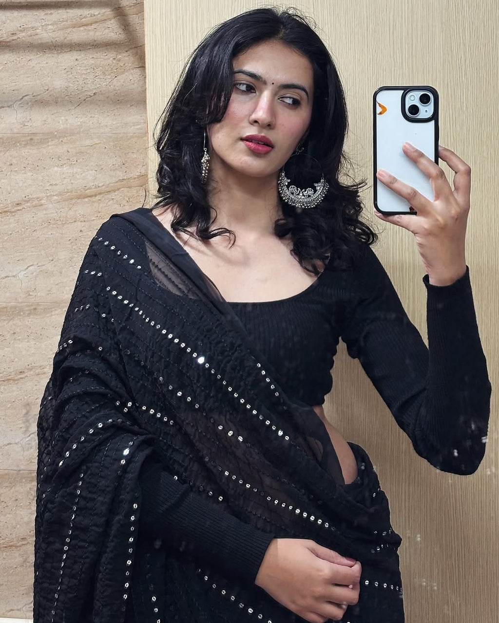 Classic Black Georgette Sequin Saree with Blouse Piece