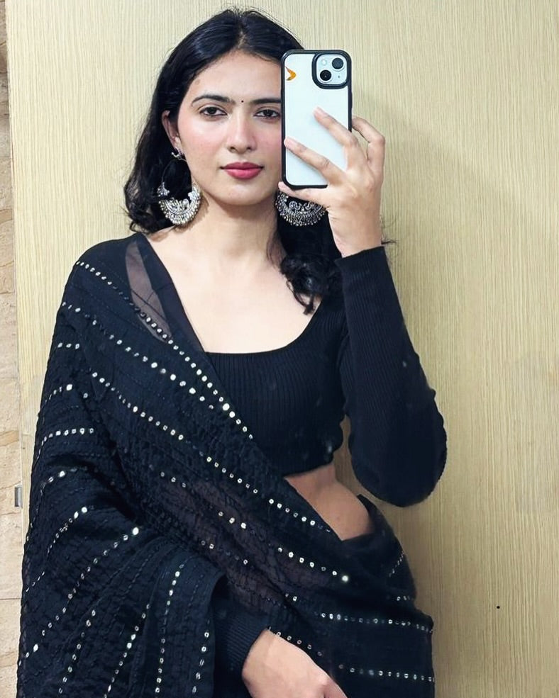 Classic Black Georgette Sequin Saree with Blouse Piece