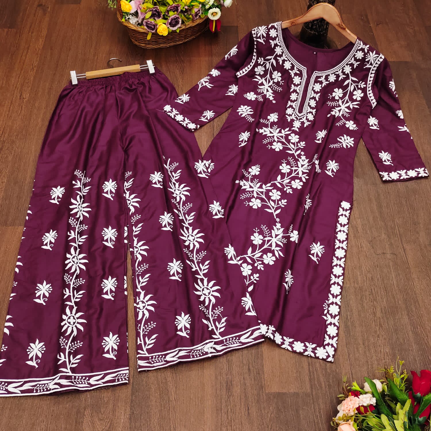 💙 Royal Blue Embroidered Rayon Kurti Pant Set | Chikankari Style | Sizes M to 6XL 🌸
