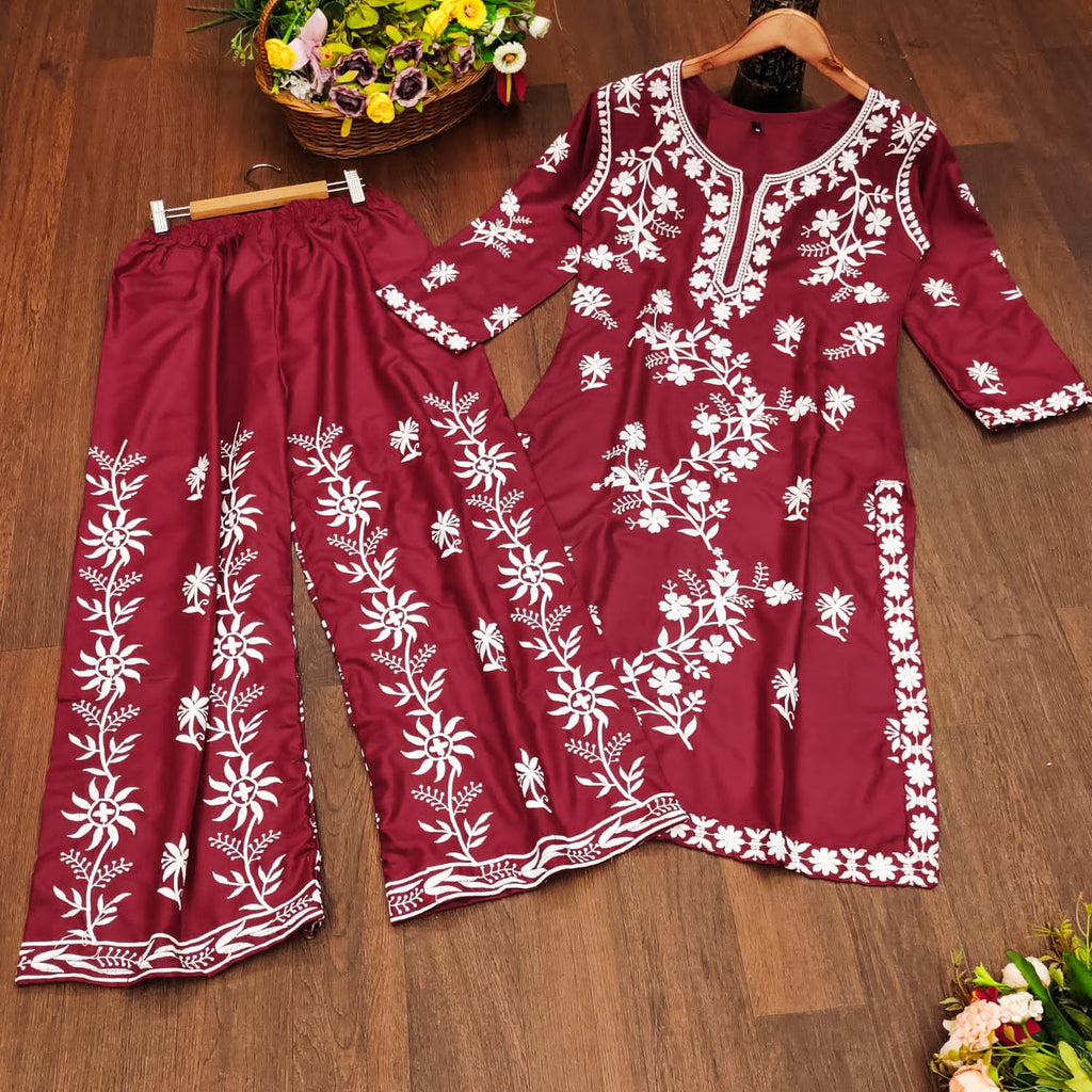 💙 Royal Blue Embroidered Rayon Kurti Pant Set | Chikankari Style | Sizes M to 6XL 🌸
