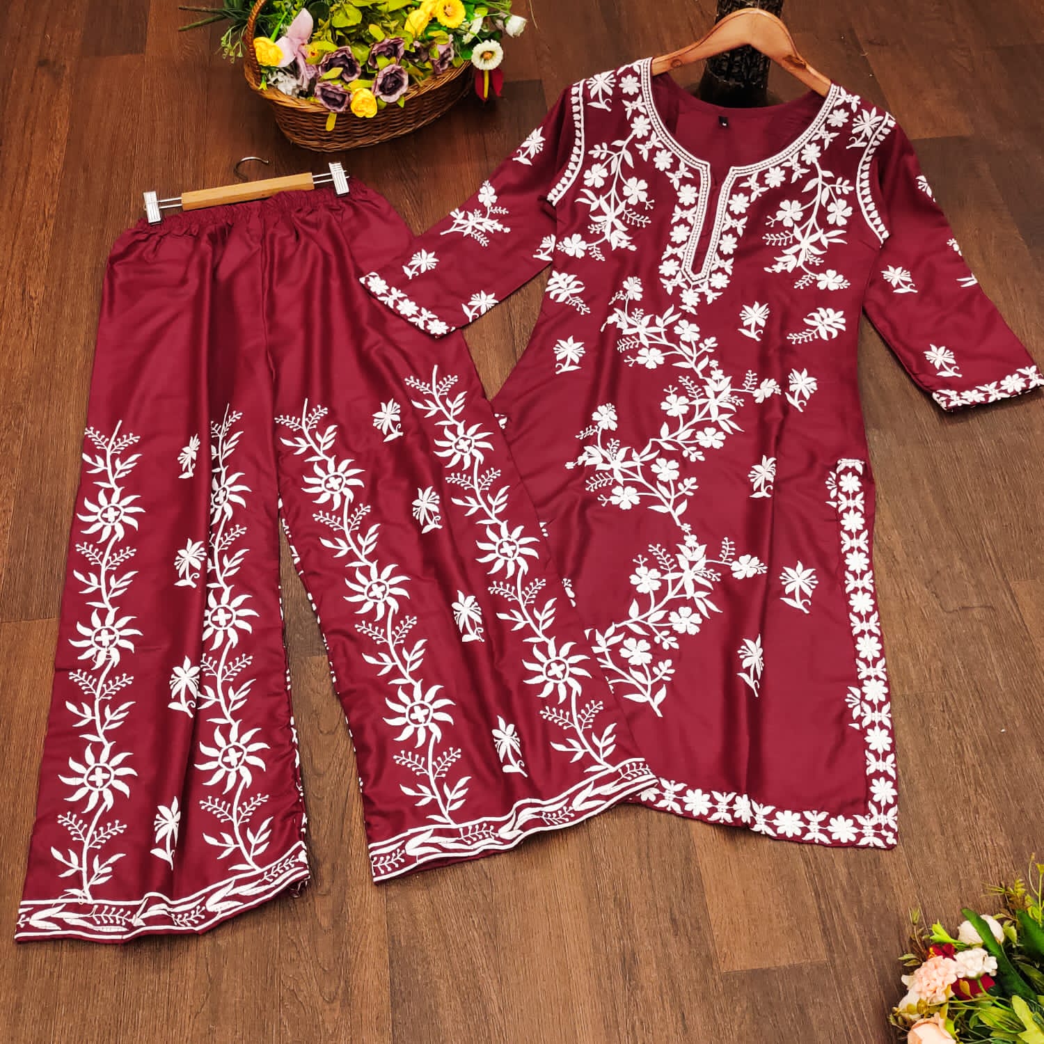 💙 Royal Blue Embroidered Rayon Kurti Pant Set | Chikankari Style | Sizes M to 6XL 🌸