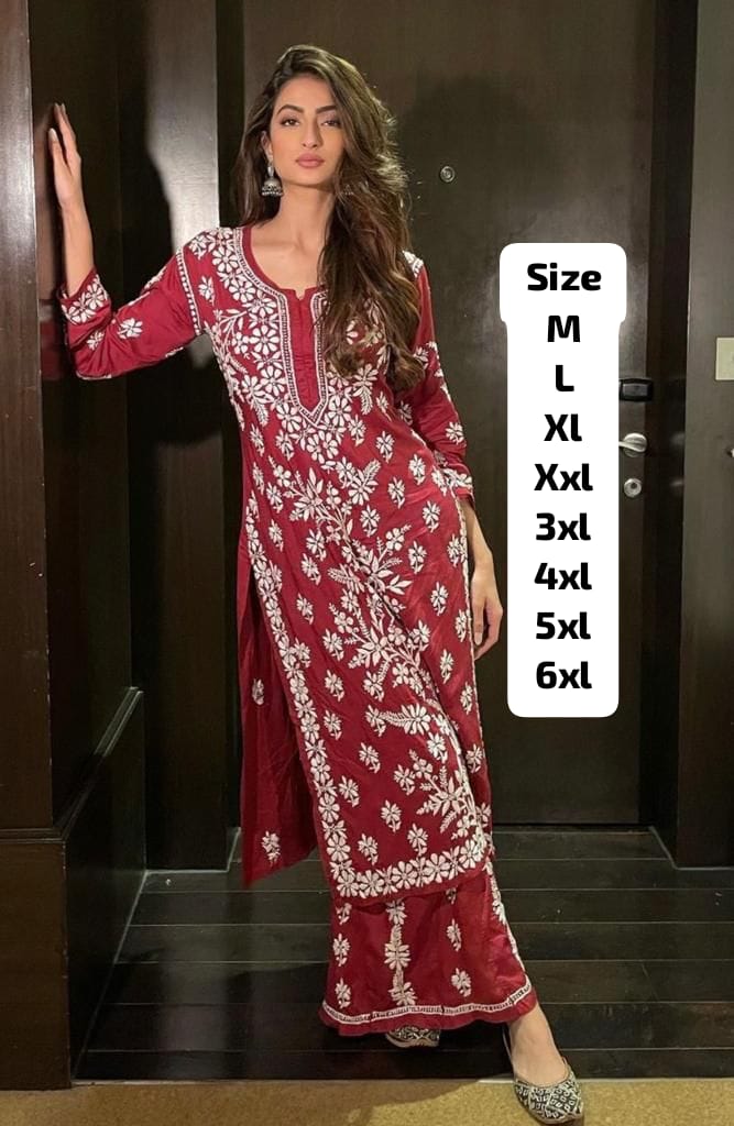 💙 Royal Blue Embroidered Rayon Kurti Pant Set | Chikankari Style | Sizes M to 6XL 🌸