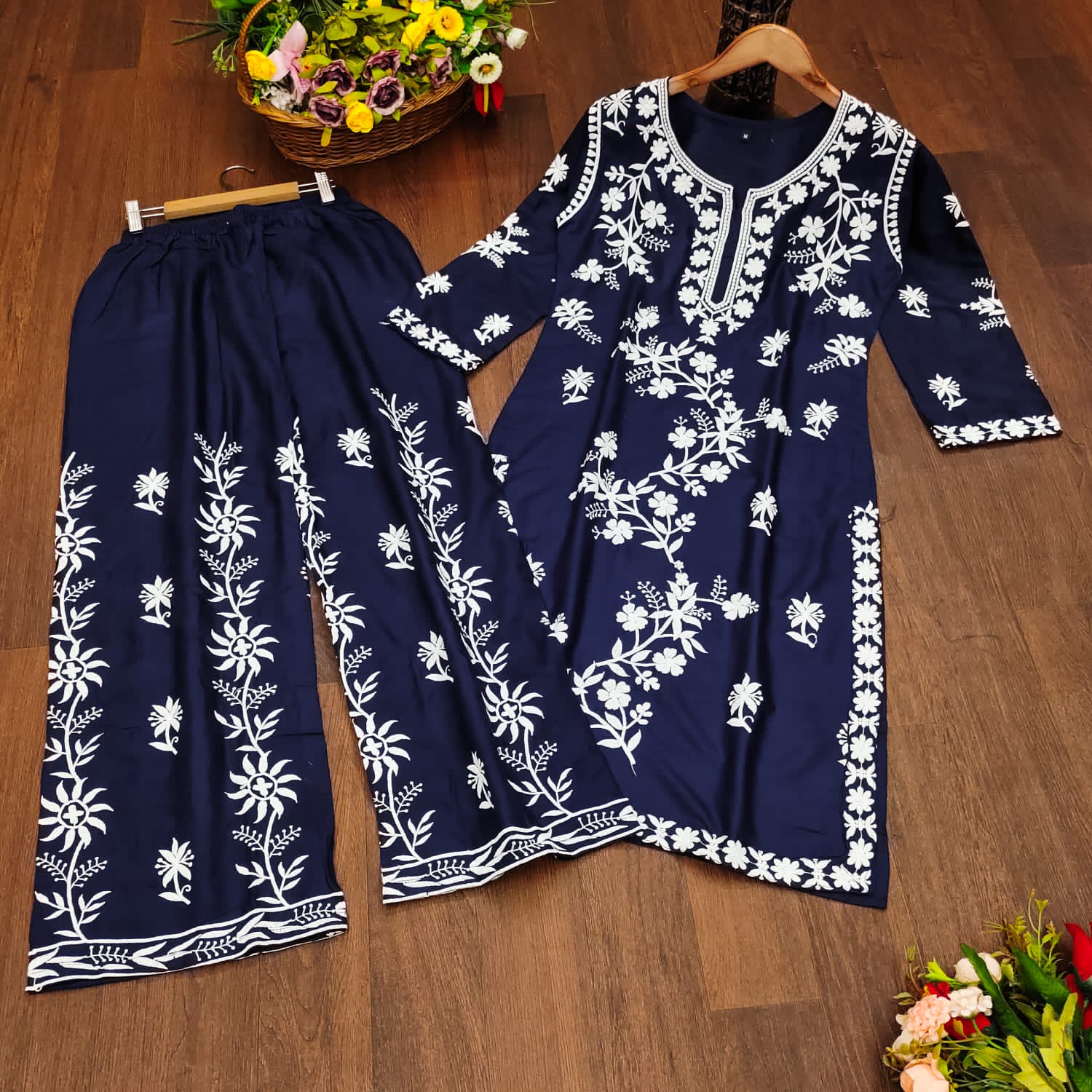 💙 Royal Blue Embroidered Rayon Kurti Pant Set | Chikankari Style | Sizes M to 6XL 🌸