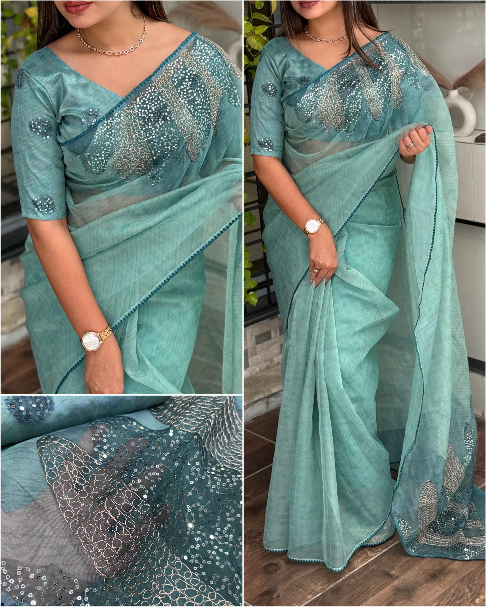 🌸Dusty Rose Embroidered Linen Saree with Sequin & Thread Work – Elegant Party & Festive Wear🌸