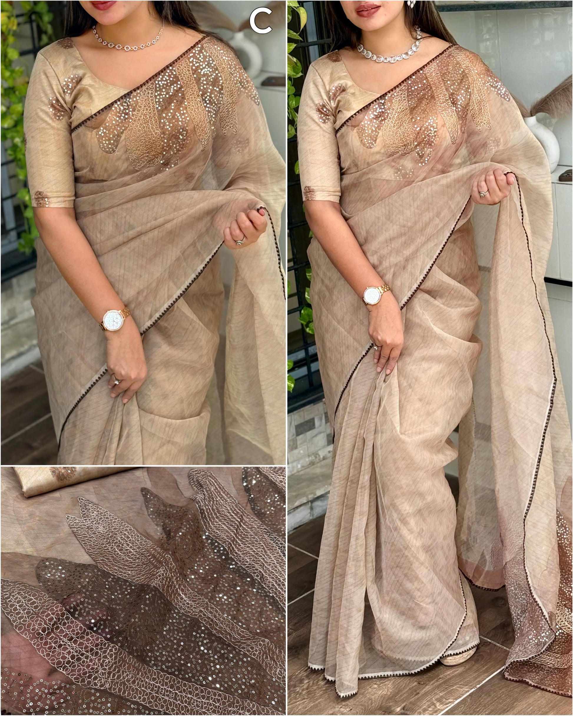 🌸Dusty Rose Embroidered Linen Saree with Sequin & Thread Work – Elegant Party & Festive Wear🌸