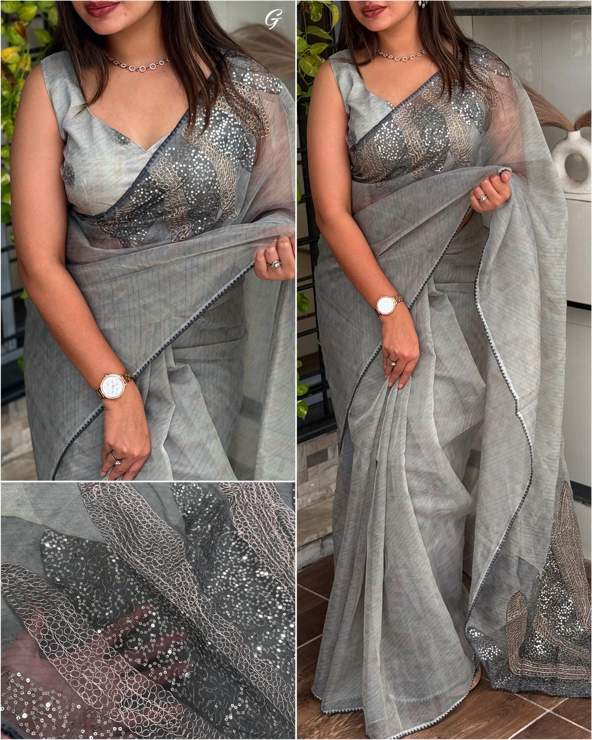 🌸Dusty Rose Embroidered Linen Saree with Sequin & Thread Work – Elegant Party & Festive Wear🌸