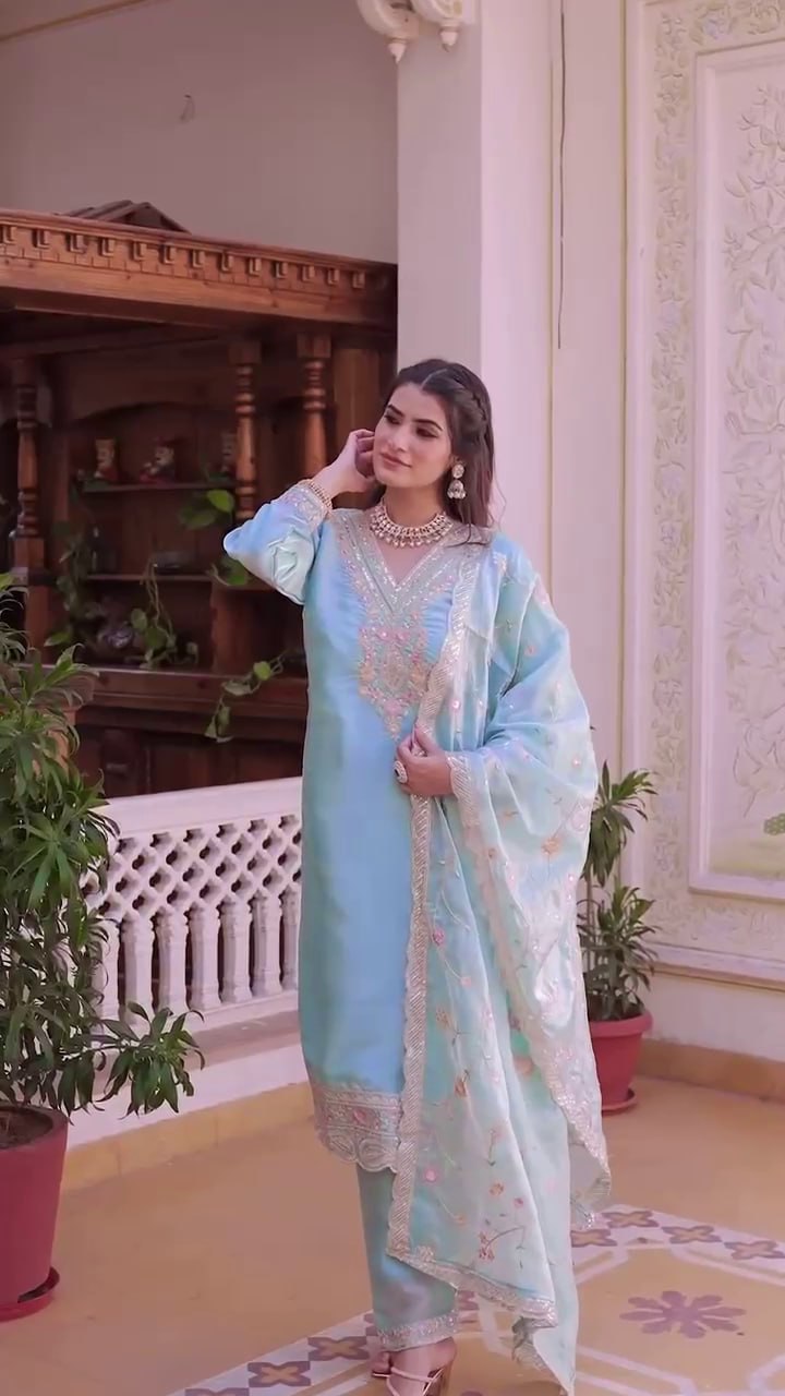 Luxurious Sky Blue Jimmy Choo Silk Suit Set with Heavy Embroidery & Sequence Work – Fully Stitched