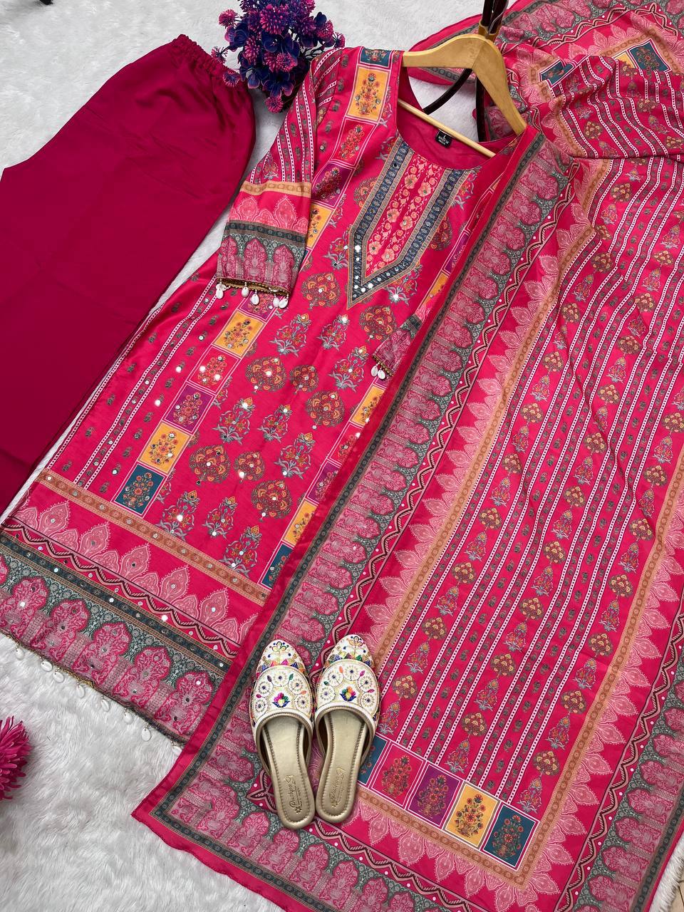 Chic Maslin Printed Suit Set with Heavy Mirror Work & Roman Silk Pants – Fully Stitched
