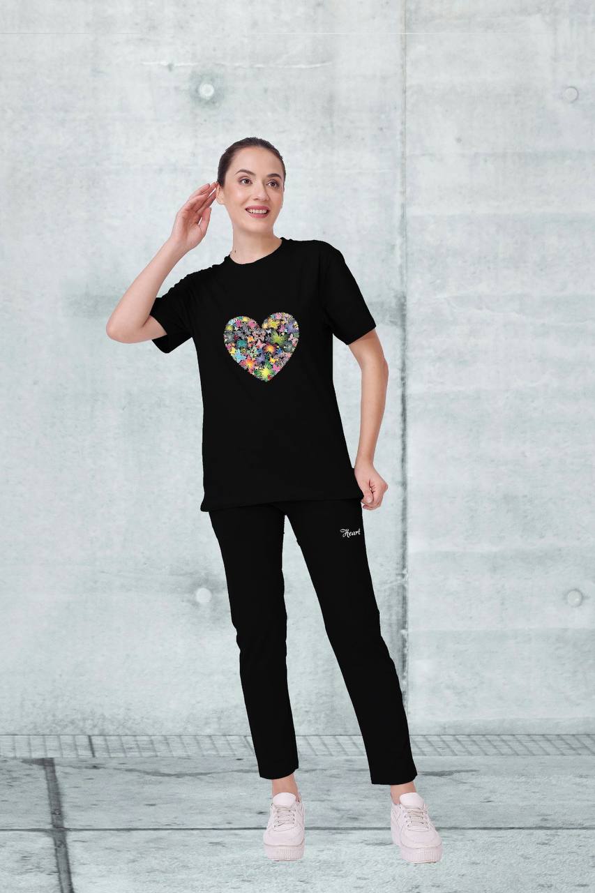 🖤 100% Cotton Ladies Nightwear Set – Floral Heart Design 🌸 | Comfort Fit with Pockets | M to XXL