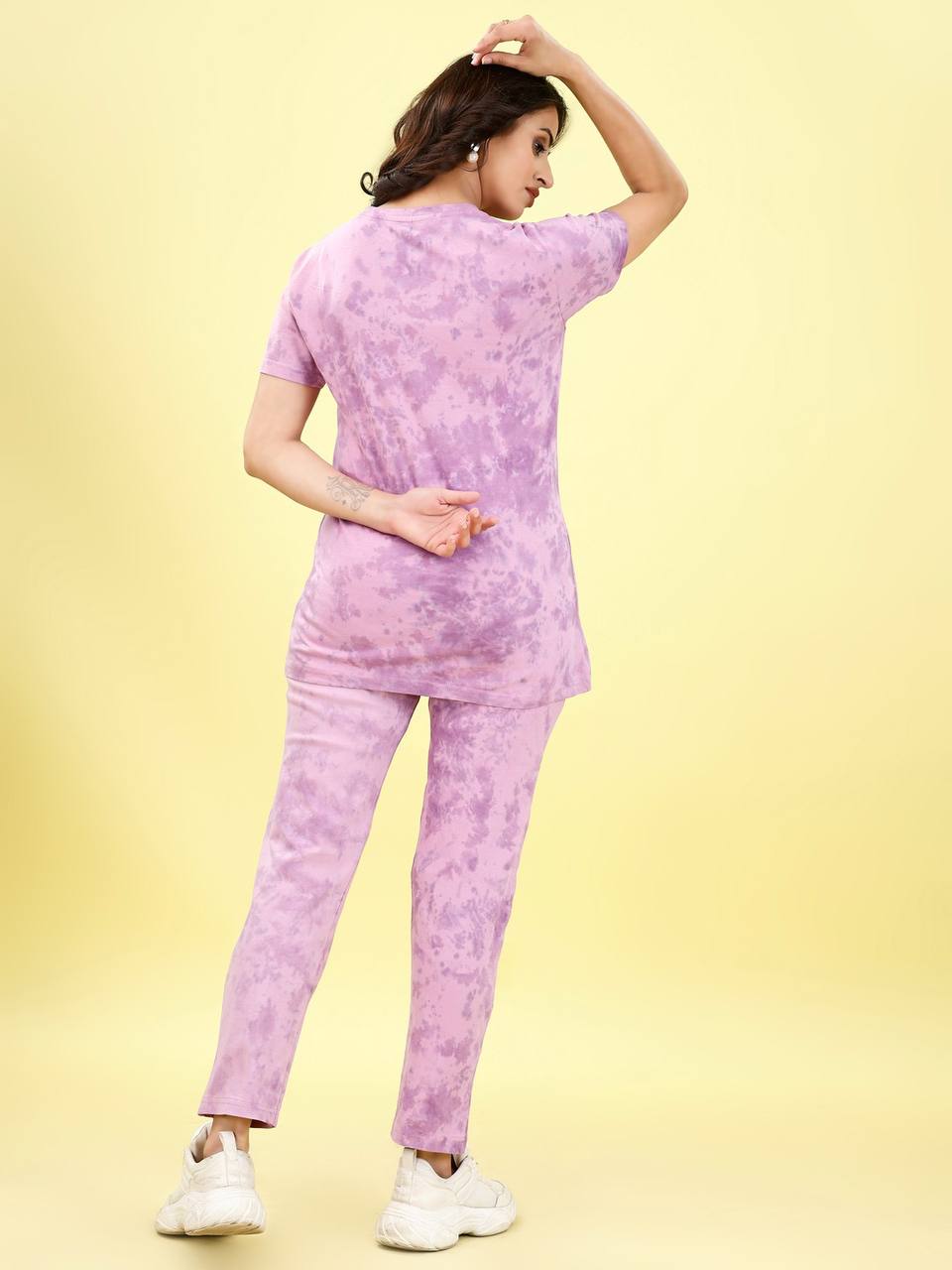 💜 Lavender Tie-Dye Cotton Night Suit for Women | “Live Laugh Love” Printed Lounge Set | Soft T-Shirt &amp; Pants | Sizes S-XXL ☁️👚👖