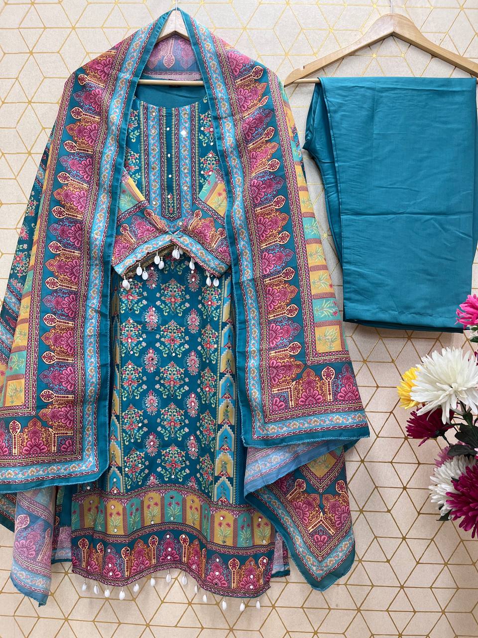 Elegant Maslin Digital Print Suit Set with Mirror Work & Roman Silk Pants – Fully Stitched