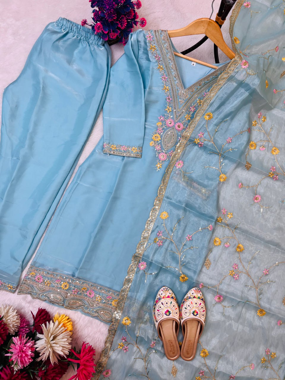 Elegant Peach Jimmy Choo Silk Embroidered Suit Set with Heavy Sequence Work – Fully Stitched