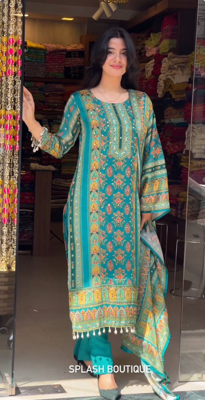 Elegant Maslin Digital Print Suit Set with Mirror Work & Roman Silk Pants – Fully Stitched