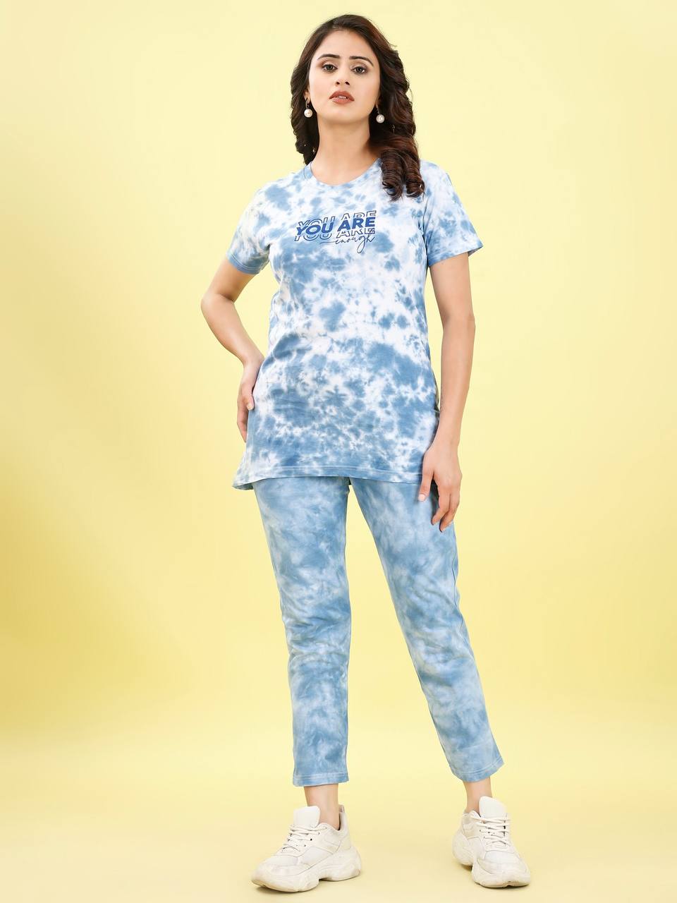💙 Sky Blue Tie-Dye Cotton Night Suit for Women | “You Are Amazing” Print | Stylish T-Shirt & Pant Set | S to XXL ☁️👖