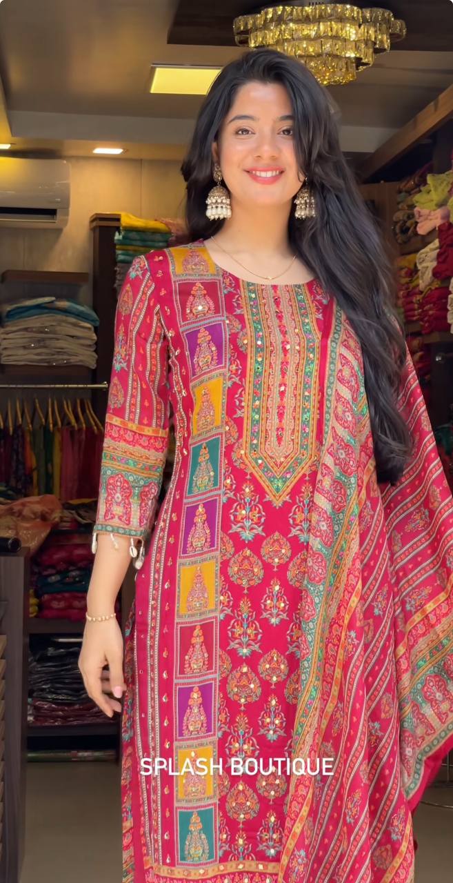 Chic Maslin Printed Suit Set with Heavy Mirror Work & Roman Silk Pants – Fully Stitched