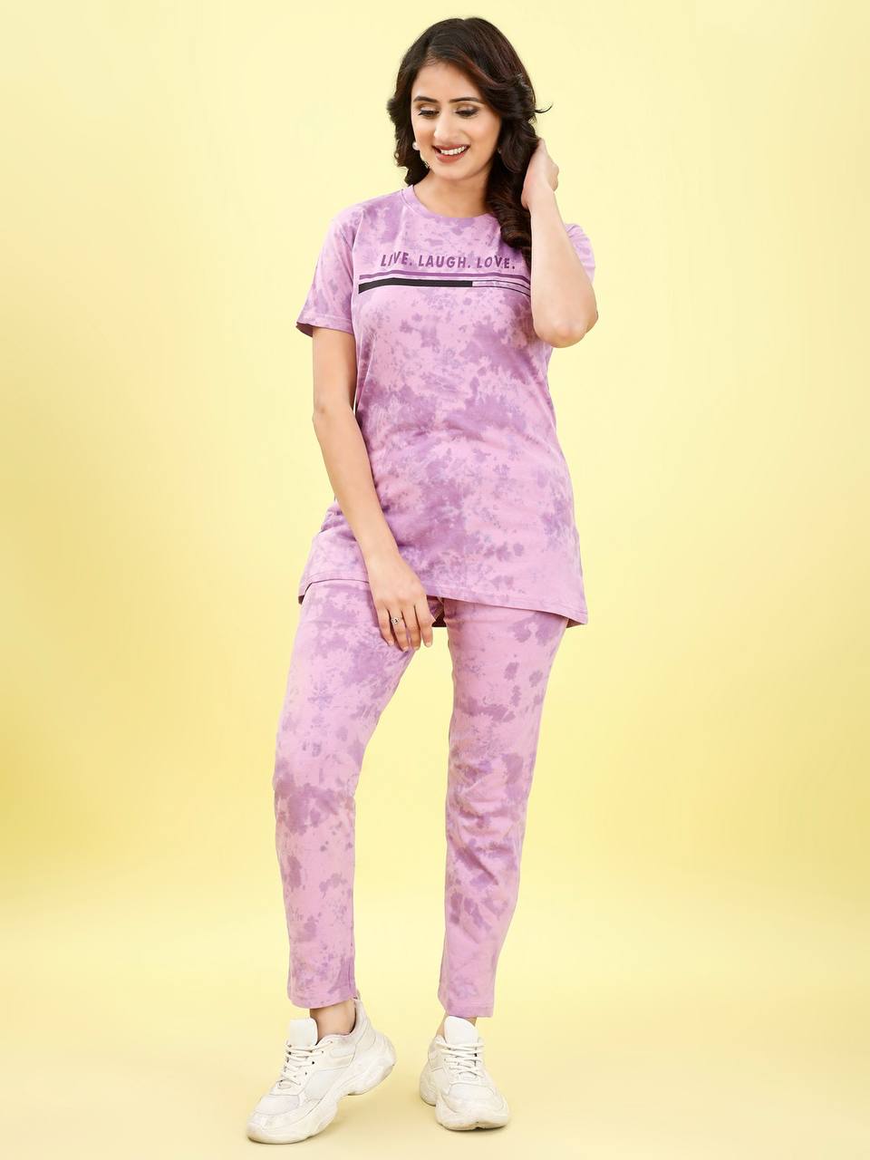 💜 Lavender Tie-Dye Cotton Night Suit for Women | “Live Laugh Love” Printed Lounge Set | Soft T-Shirt &amp; Pants | Sizes S-XXL ☁️👚👖