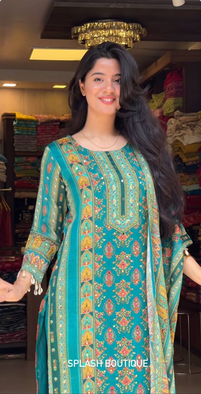 Elegant Maslin Digital Print Suit Set with Mirror Work & Roman Silk Pants – Fully Stitched