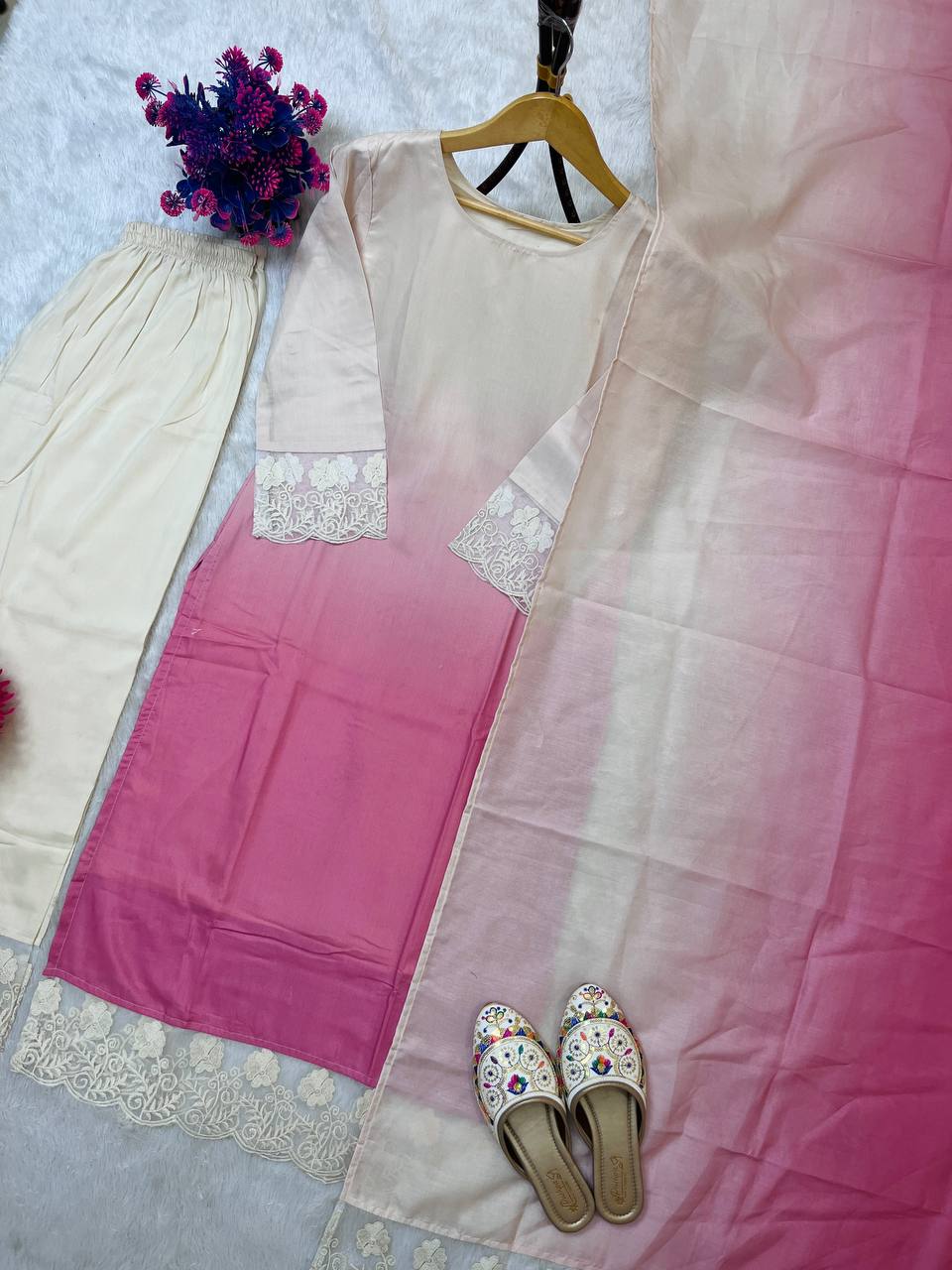 Graceful Maslin Lace Suit Set with Digital Print – Soft Pink & Ivory | Fully Stitched