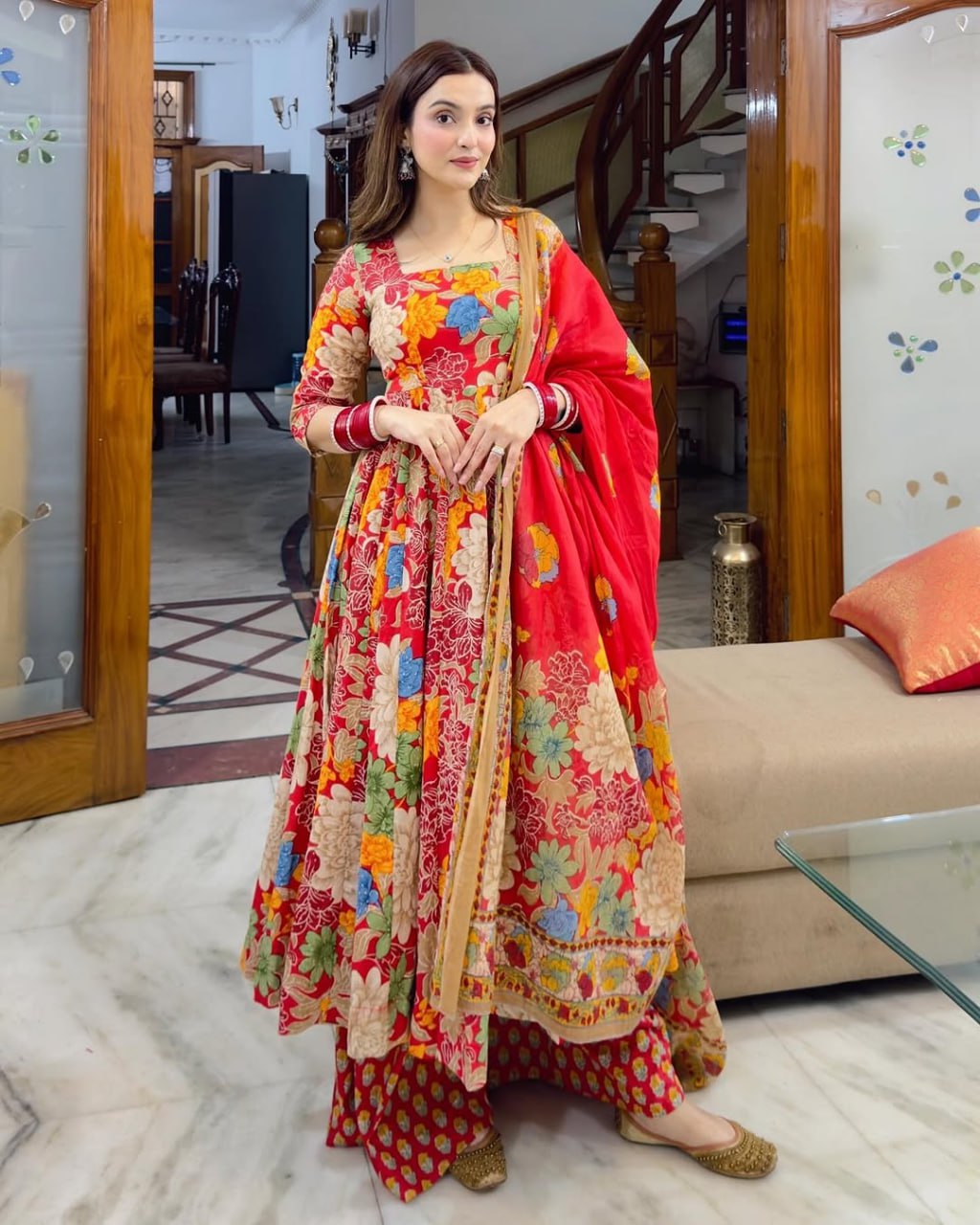 Floral Bloom Muslin Cotton Anarkali Set with Printed Chanderi Dupatta