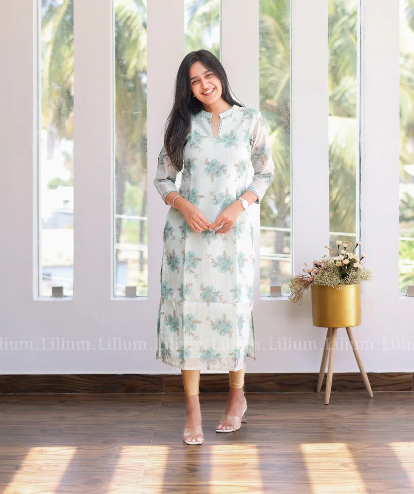 Elegent Pastel Green Floral Printed Straight Kurti – Sheer Full Sleeve Elegant Ethnic Tunic