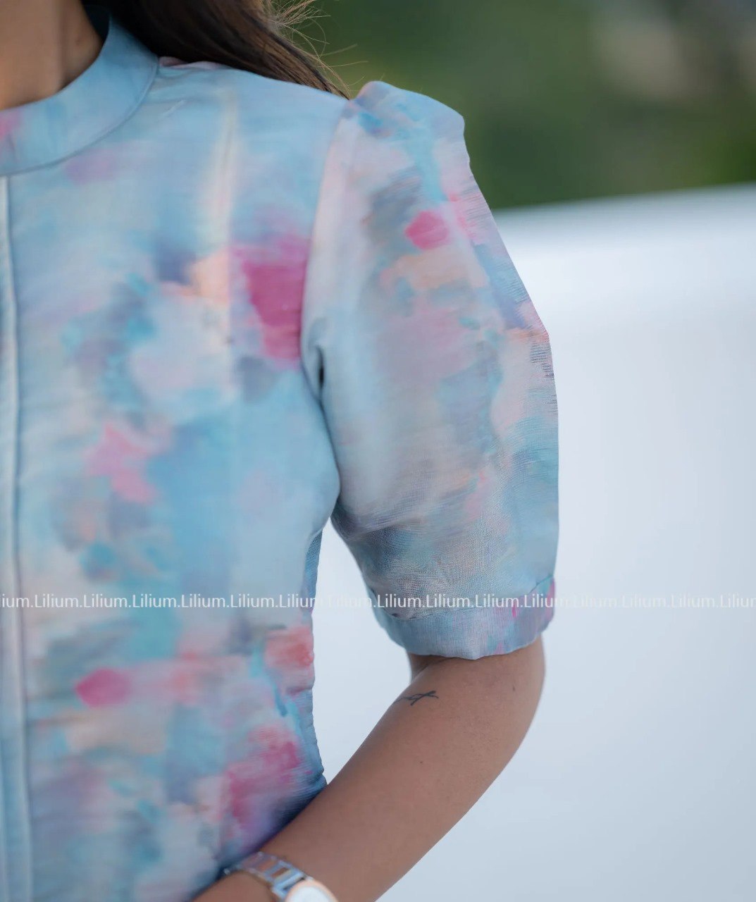 Women’s Sky Blue Watercolor Printed Kurti with Pintuck Detail – Elegant Summer Cotton Kurta