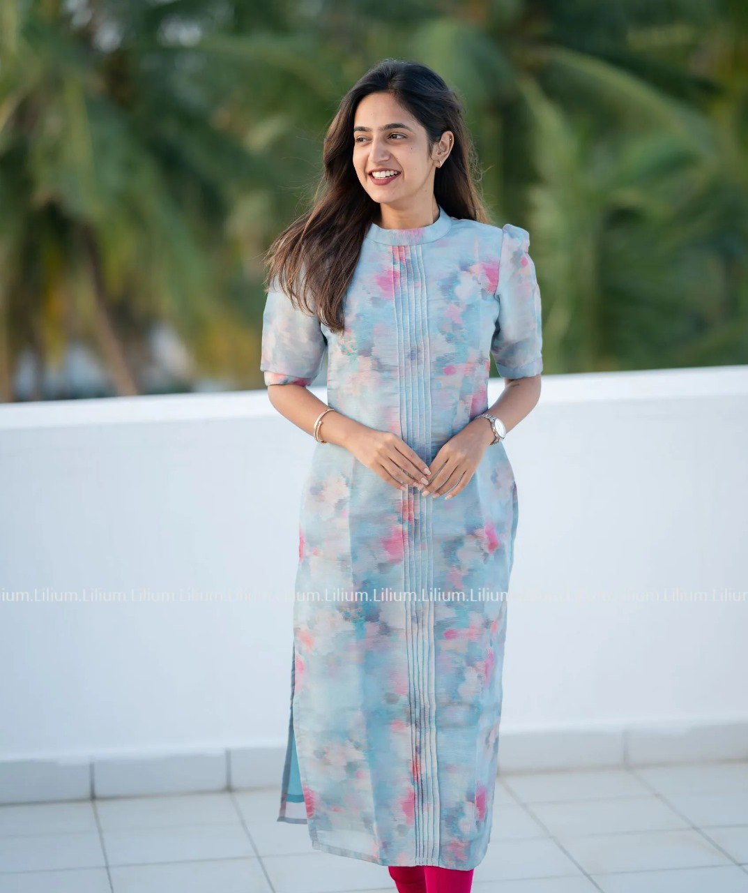 Women’s Sky Blue Watercolor Printed Kurti with Pintuck Detail – Elegant Summer Cotton Kurta