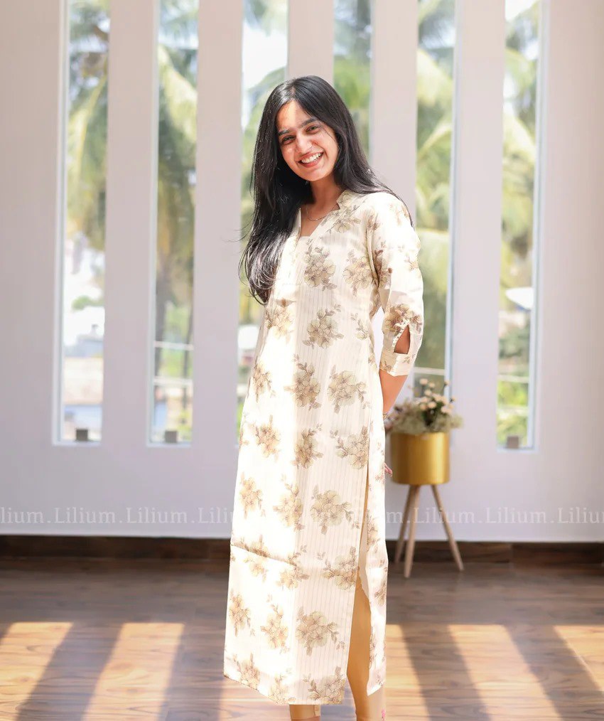 Women's Beige Floral Printed Straight Kurti with Cut-Sleeve Detail – Elegant Casual Cotton Blend Kurta
