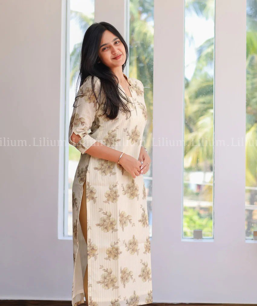 Women's Beige Floral Printed Straight Kurti with Cut-Sleeve Detail – Elegant Casual Cotton Blend Kurta