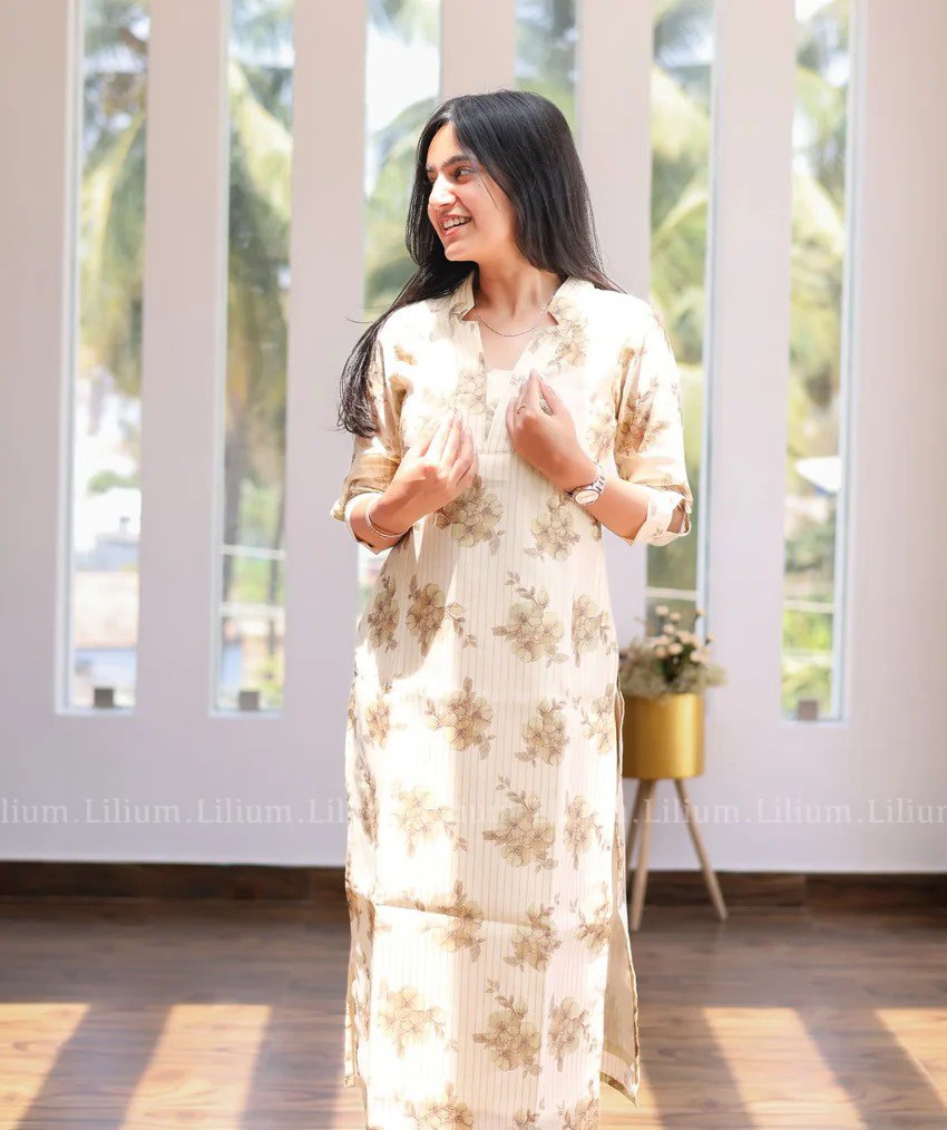Women's Beige Floral Printed Straight Kurti with Cut-Sleeve Detail – Elegant Casual Cotton Blend Kurta
