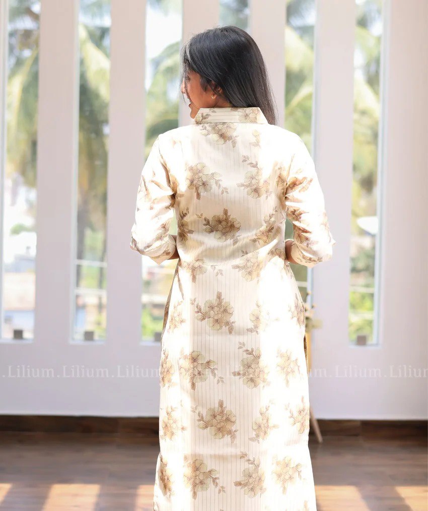 Women's Beige Floral Printed Straight Kurti with Cut-Sleeve Detail – Elegant Casual Cotton Blend Kurta