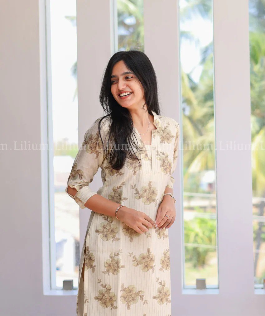 Women's Beige Floral Printed Straight Kurti with Cut-Sleeve Detail – Elegant Casual Cotton Blend Kurta