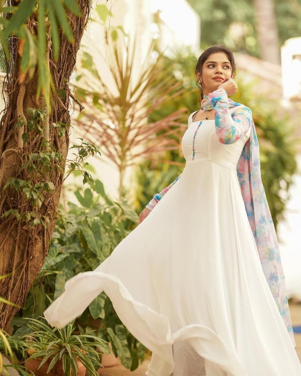 Elegant White Anarkali with Multicolor Printed Dupatta & Sleeves