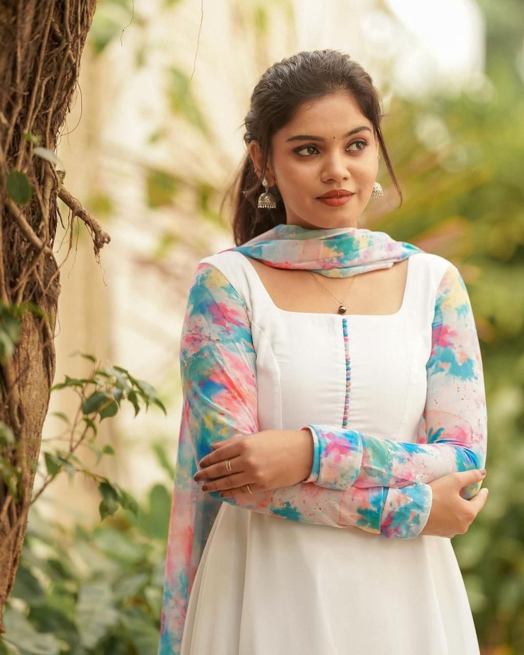 Elegant White Anarkali with Multicolor Printed Dupatta & Sleeves