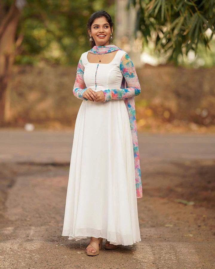 Elegant White Anarkali with Multicolor Printed Dupatta & Sleeves