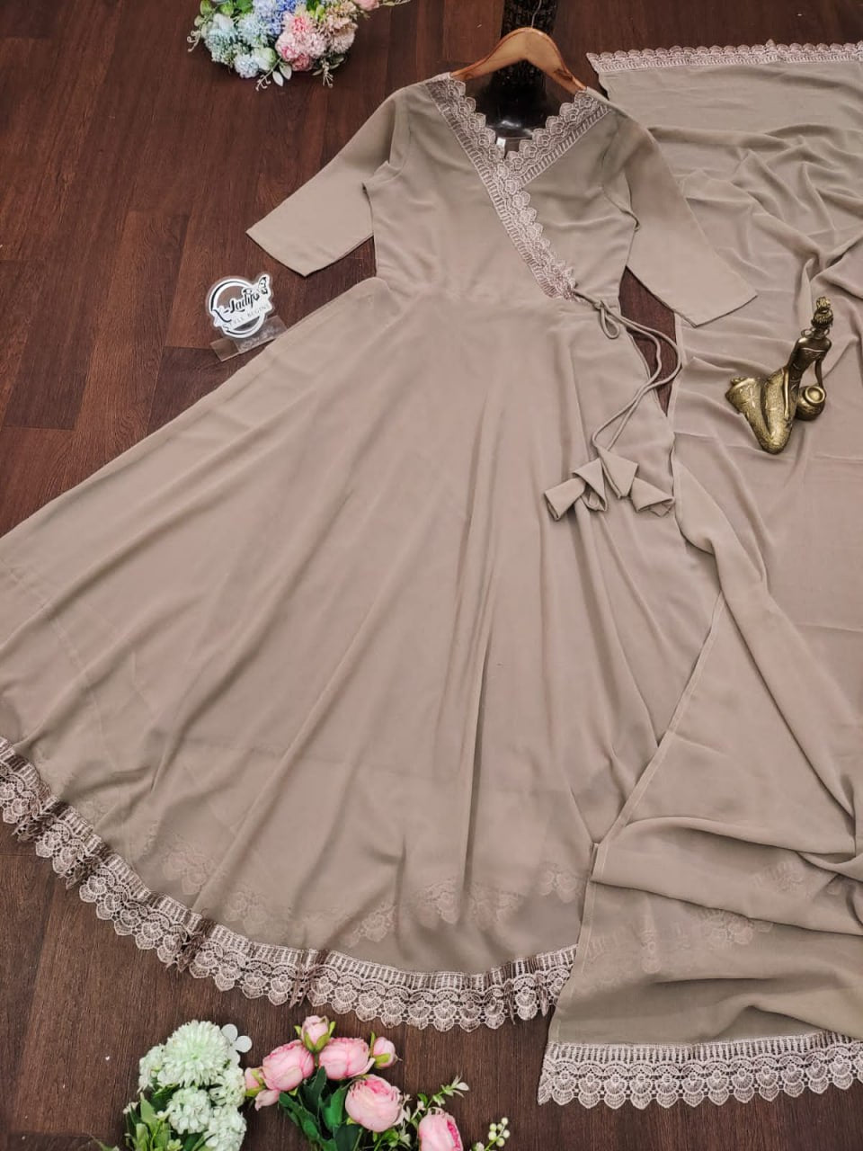 Dusty Rose Anarkali Set with Lace Detailing & Dupatta