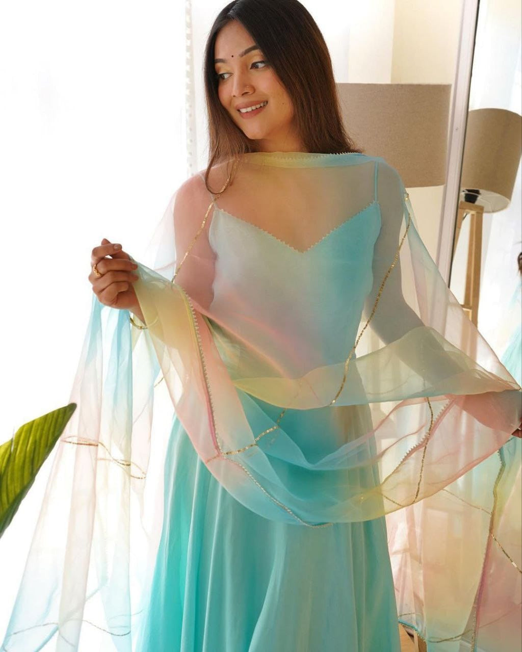 💃🏻Aqua Gown Chinon with inner fabric hand Work With Fancy Lace💃🏻