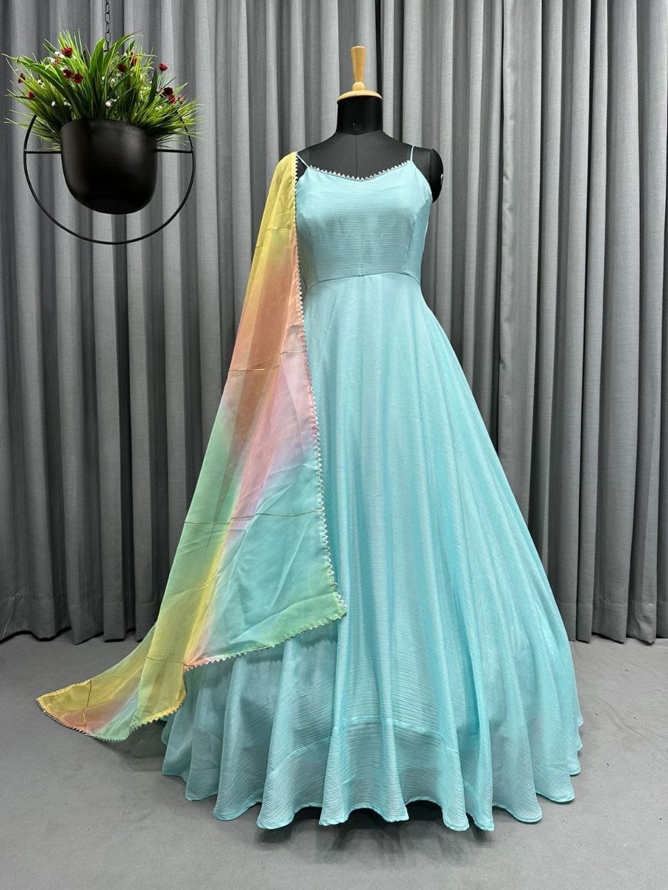 💃🏻Aqua Gown Chinon with inner fabric hand Work With Fancy Lace💃🏻