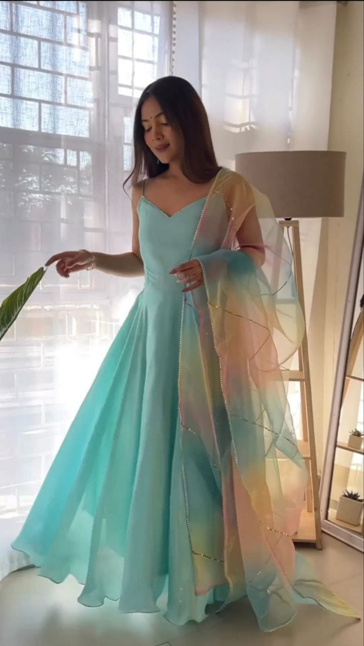 💃🏻Aqua Gown Chinon with inner fabric hand Work With Fancy Lace💃🏻