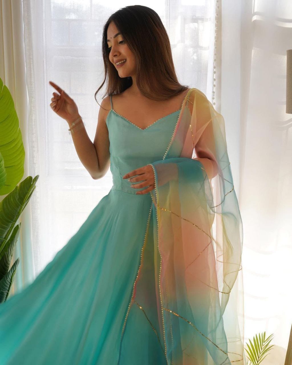 💃🏻Aqua Gown Chinon with inner fabric hand Work With Fancy Lace💃🏻