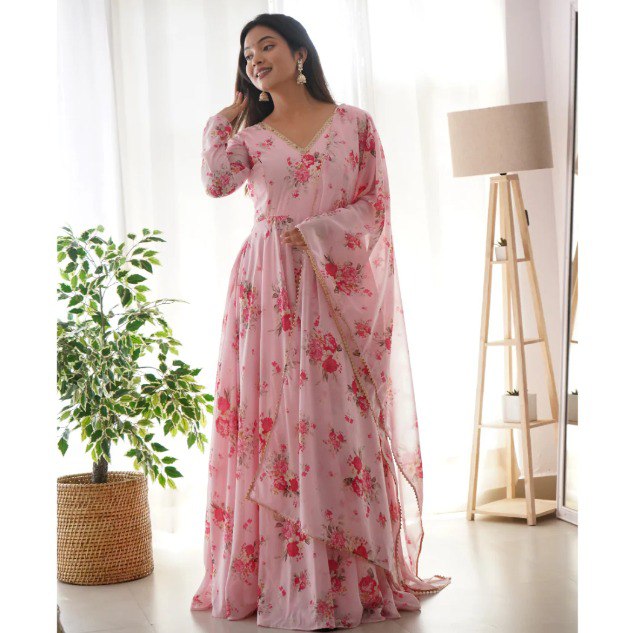 🌺 Elegant Pink Floral Anarkali Suit with Dupatta🌺