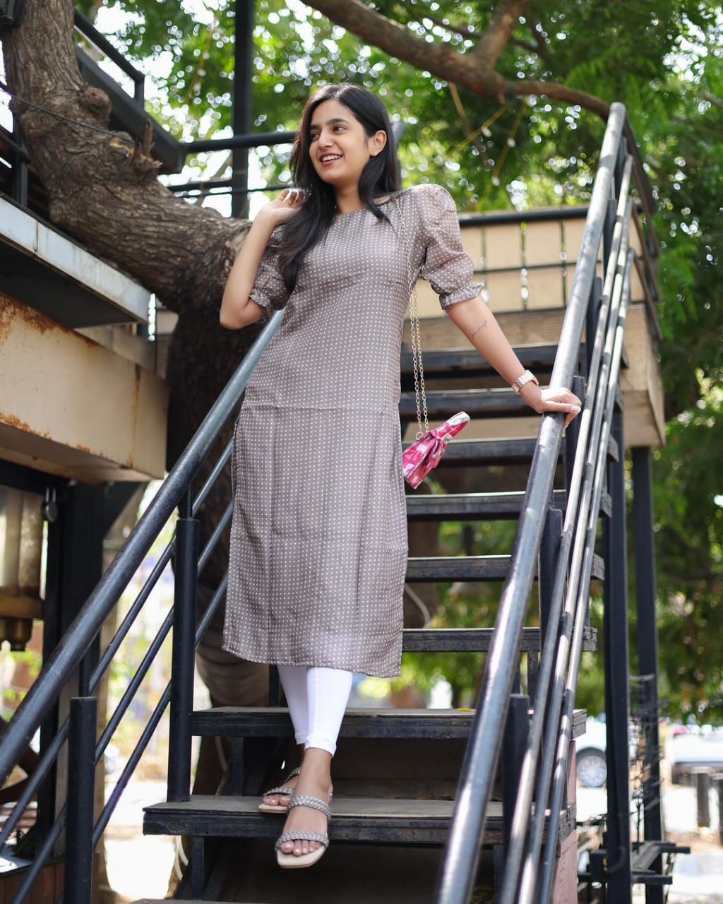 Women's Brown Polka Dot Kurti with Puff Sleeves – Casual Chic Straight Kurta for Daily Wear