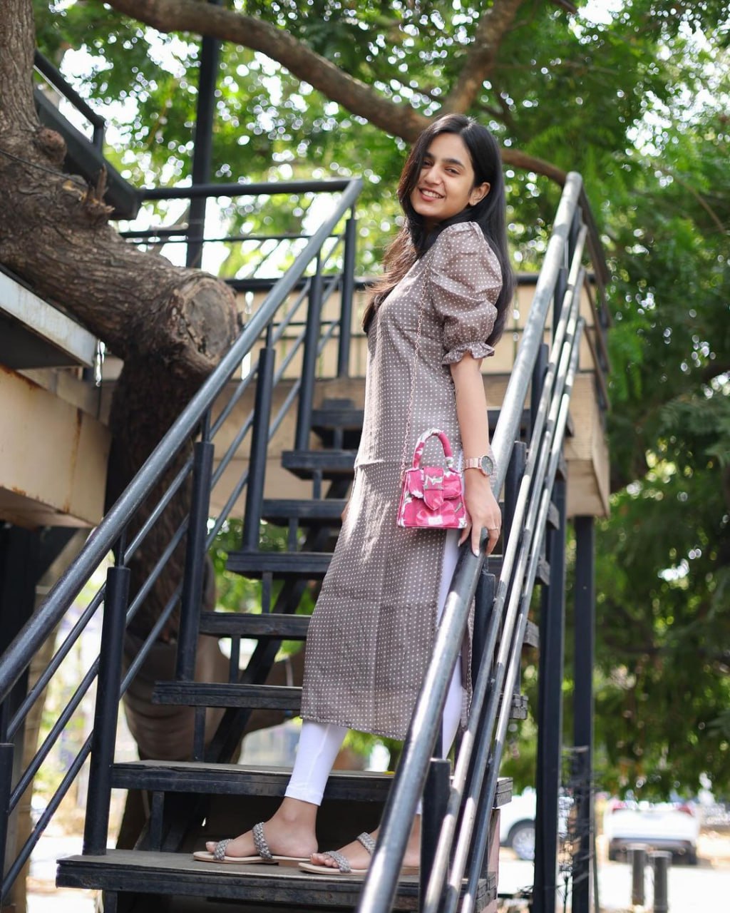 Women's Brown Polka Dot Kurti with Puff Sleeves – Casual Chic Straight Kurta for Daily Wear