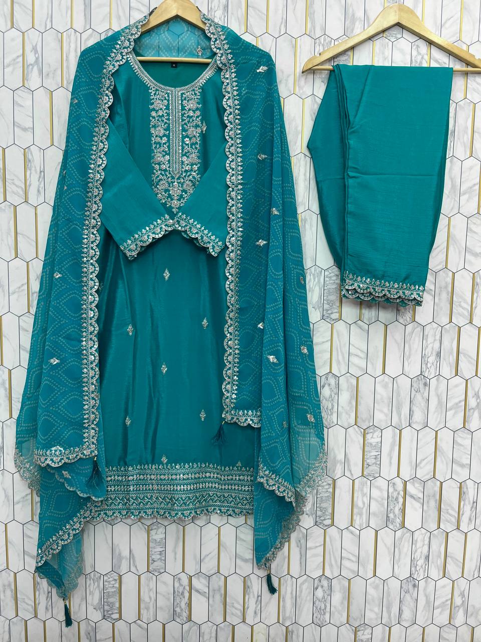 Teal Blue Embroidered Straight Kurta Set with Dupatta