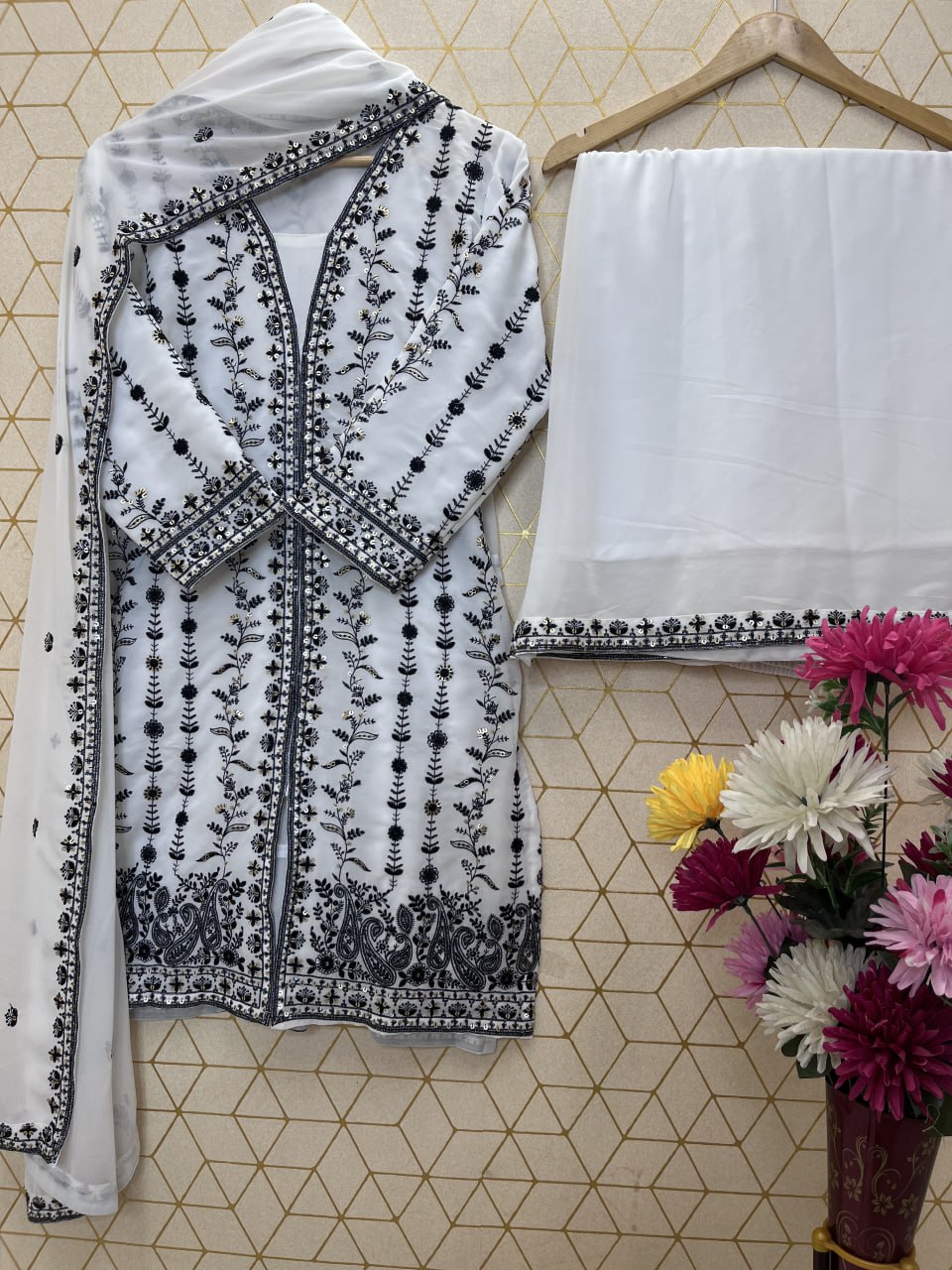 FESTIVAL SPECIAL SEQUENCE EMBROIDERY ON HEAVY GEORGETTE FABRIC TOP AND PLAZZO WITH DUPATTA