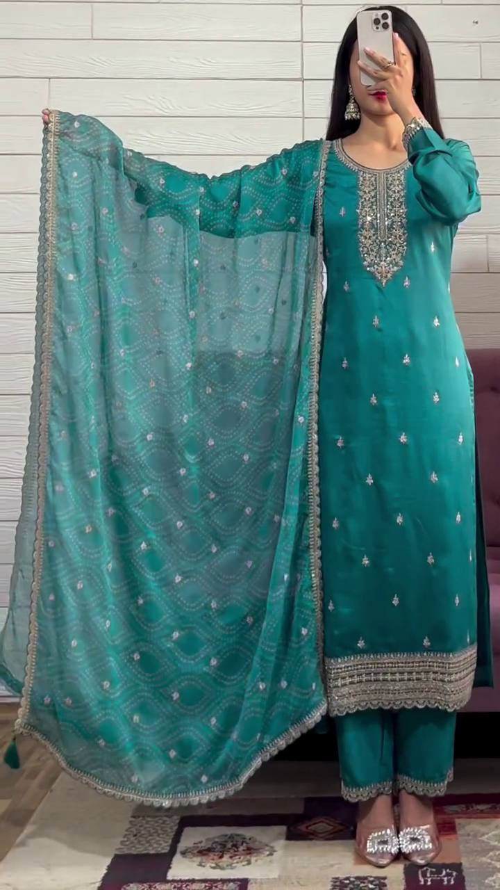 Teal Blue Embroidered Straight Kurta Set with Dupatta