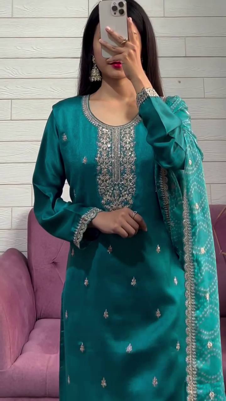 Teal Blue Embroidered Straight Kurta Set with Dupatta