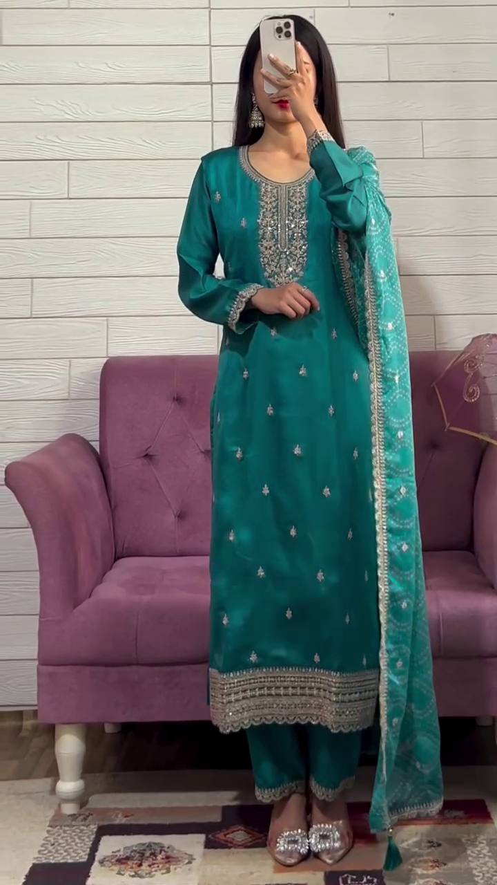 Teal Blue Embroidered Straight Kurta Set with Dupatta